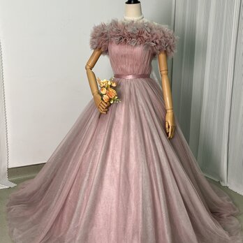 上品！カラードレス ピンク 取り外しオフショルダー キラキラグリッターチュール 編み上げ 披露宴の画像