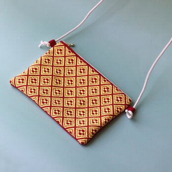 【新作】個性的サコッシュ/ショルダーバッグ/ハンドバッグポーチ　こぎん刺し/刺し子/刺繍　イエロー×レッドの画像