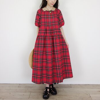 [予約販売] テッキングレッドタータンピンタックパフワンピースの画像