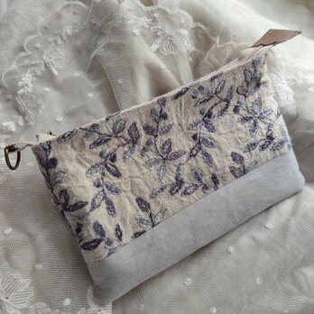 刺繍生地*リネン*ポーチ*リーフ