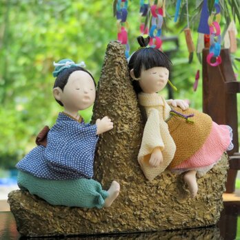 七夕飾り【うっかりうたた寝 七夕人形】織姫彦星　夏飾り　置き物　ちりめん細工　限定　コンパクト　送料無料の画像