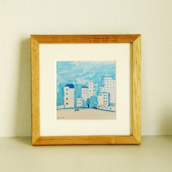 原画「朝の町並み」 ※木製額縁入り　(18×18㎝フレーム）　水彩・絵画・風景画の画像