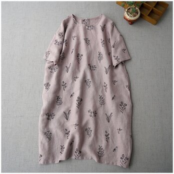 リネン100％総刺繍ポケット付きシンプルな大人可愛い半袖ワンピース♪の画像