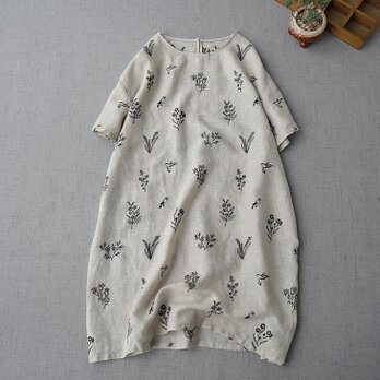 リネン100％総刺繍ポケット付きシンプルな大人可愛い半袖ワンピース♪の画像