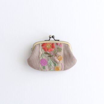リネンとインド刺繍リボンのミニがま口 　モカベージュ