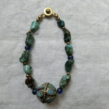 ＊ワケありprice＊turquoiseのブレス。＠トルクメニスタンの古ビーズ＋ターコイズナゲット＋アジアの古ビーズ＃Lサイズの画像