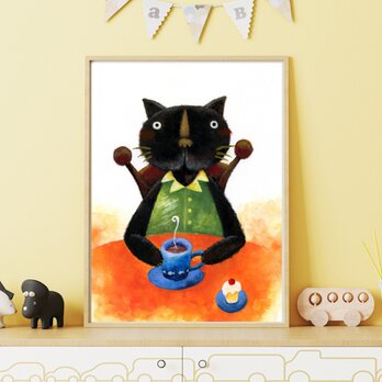 手描き日本水彩画＜お茶する黒猫くん＞A3 アートポスターの画像