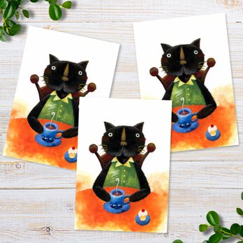 ポストカードセット＜お茶する黒猫くん＞同柄３枚入り 日本水彩画の画像