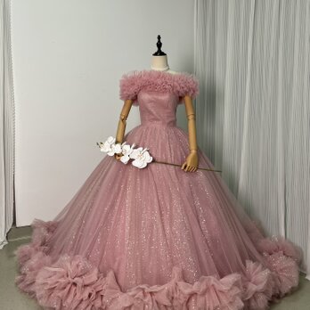 憧れのドレス ピンク カラードレス オフショルダー キラキラチュール ラッフルフリル 編み上げ 花嫁/前撮りの画像