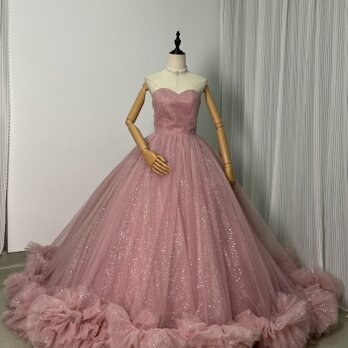 憧れのドレス ピンク カラードレス キラキラチュール ベアトップ ラッフルフリル 編み上げ 花嫁/前撮りの画像