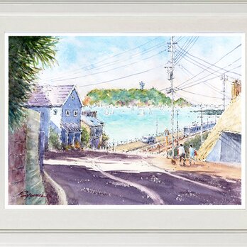 水彩画原画　緑の江の島　＃644の画像