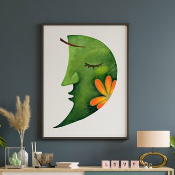 手描き日本水彩画＜お月様とお花3＞A4 アートポスターの画像