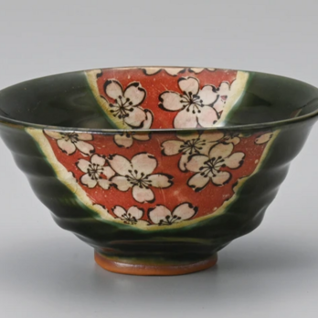 ◆新品◆　加藤五陶兵衛造 美濃焼鳴海織部風舞桜図並茶碗 【紙箱】1個のサイズ/約12.8×6.2cm(300cc)の画像