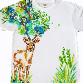 「森の緑サク鹿」注文　手描き Tシャツ　綿　名入れ　プレゼント　花の画像