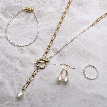 【LUXE】極上 雫 本真珠ネックレス4点セット ブレス リング ピアス 18KGP マンテル チェーン 淡水パールの画像