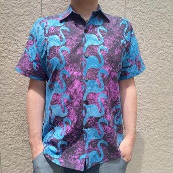 半袖柄シャツ（騙し絵フラミンゴ総柄）ブルー×パープルの画像