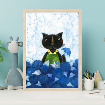 手描き日本水彩画＜黒猫くんとカタツムリ＞A4 アートポスターの画像