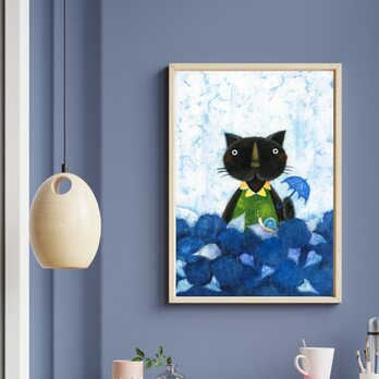 手描き日本水彩画＜黒猫くんとカタツムリ＞A3 アートポスターの画像