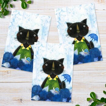 ポストカードセット＜黒猫くんとカタツムリ＞同柄３枚入り 日本水彩画の画像