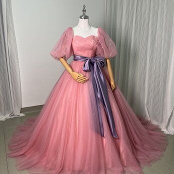 美品！パーティードレス ローズピンク&nbsp;ビーズ プリンセスライン ベルト 編み上げ 花嫁/前撮りの画像