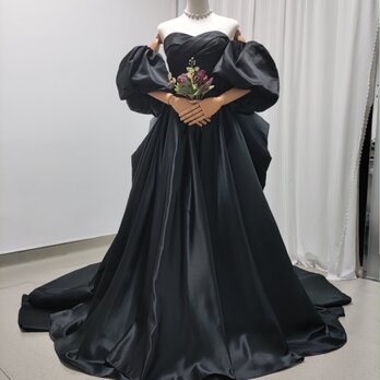 上品！パーティードレス ブラック ベアトップ ふっくら柔らかなバックリボン 編み上げ 前撮りの画像