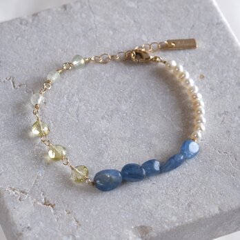 Kyanite bracelet：天然石ブレスレット 淡水パール×カイヤナイト×グリーンアメジスト×シトリンの画像