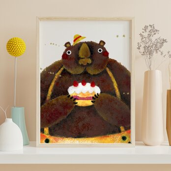 手描き日本水彩画＜熊さんとケーキ＞A4 アートポスターの画像