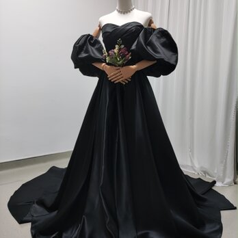 上品！パーティードレス ブラック ベアトップ パフスリーブ 編み上げ 前撮りの画像