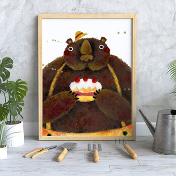 手描き日本水彩画＜熊さんとケーキ＞A3 アートポスターの画像