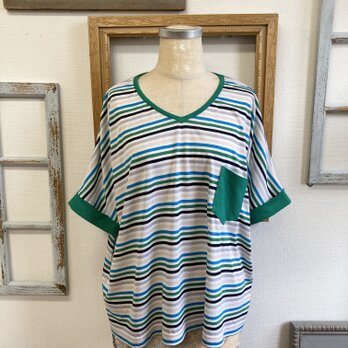 やっぱりボーダーが好き❤️ボーダー柄V首ドルマンTシャツ　グリーン（サイズフリーLL）の画像