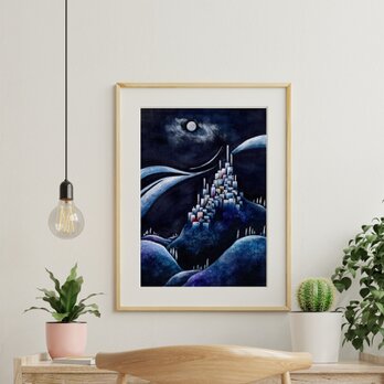 手描き日本水彩画＜月夜のトスカーナ1＞A4 アートポスターの画像