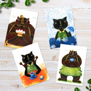 ポストカードセット＜熊さん＆黒猫くんシリーズ＞４枚入り 日本水彩画の画像