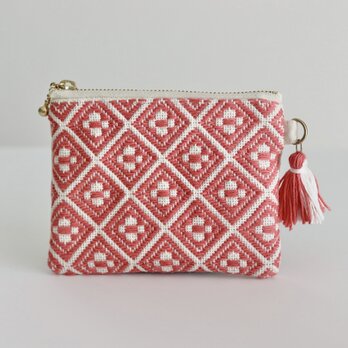 【受注制作】大人のスリムポーチ/和モダン/レトロ　こぎん刺し/刺し子/刺繍 ハンドメイド　チェリーピンクの画像