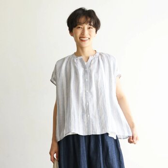 ラクなのに品よく着こなせる　リネン100％　ストライプブラウス　トップス 240624-1の画像