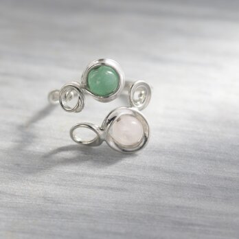 錫と天然石のオープンリング　ZAKALY　ローズクォーツ　アベンチュリン