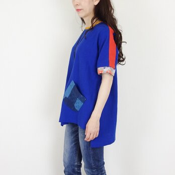 [予約販売] ロイヤルブルーとオレンジリネン北欧風パッチアシメトリープルオーバーの画像