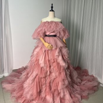 豪華！カラードレス ピンク オフショルダー 編み上げ ボリュームドレス プリンセスライン 前撮りの画像