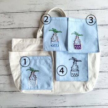 刺繡の多肉植物／塊根植物　横長ショルダーバッグ　2way　斜めがけ　ボストンバッグ　2ポケット　白　大容量　4種類　の画像