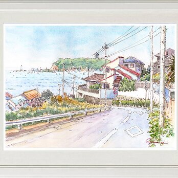 水彩画原画　緑の江の島と赤い屋根　＃645の画像