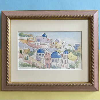 サントリーニの青い屋根(ギリシャ、サントリーニ島の村イア、原画、透明水彩、額付き)の画像