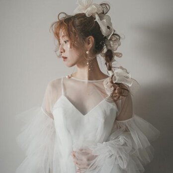 実例写真！抜群のおしゃれ見えカーディガン(トップス)  ソフトチュール ラッフルフリル 長袖 結婚式/前撮りの画像