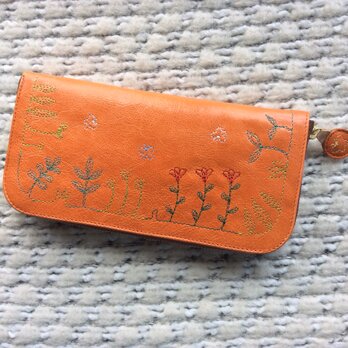 刺繍革財布『Garden』つやORANGE（ヤギ革）☆スリムタイプ☆ラウンドファスナー型の画像