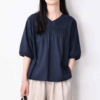 紺色/白 ブラウス コットン 半袖 トップス 夏の画像