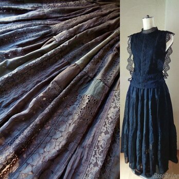 soldY様ご予約品♥黒の宝石♥絵画なパッチワーク♥レース♥大人の透け感♥超ボリュームマキシ丈 ティアードスカート 裏地付の画像