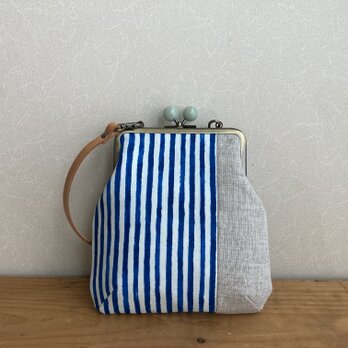 ブルーストライプ 革持ち手付き がまぐち