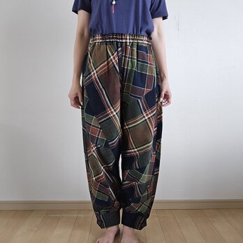 着物リメイク　手作り　チェック　パンツ