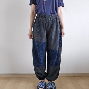 ゆったりパンツ、襤褸、古布、刺し子、半纏、縞木綿、裏付き