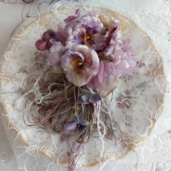パンジーとすみれの花束コサージュ　布花　染め花