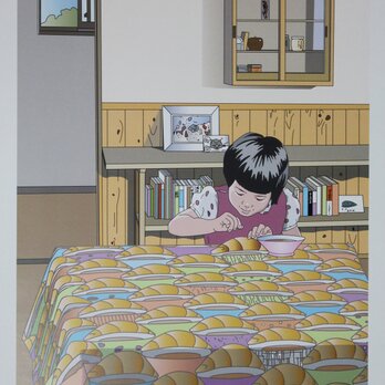クロワッサンとカフェオレのテーブルの画像