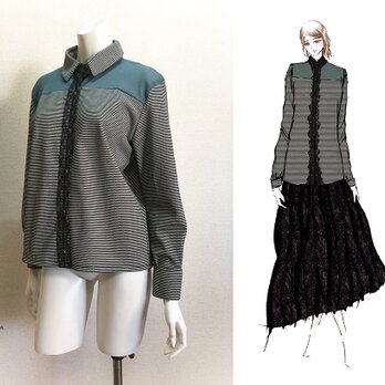 【1点もの・デザイン画付き】アパレルブランドジャガードニット＆パワーネット生地切り替えブラウス（KOJI TOYODA）の画像